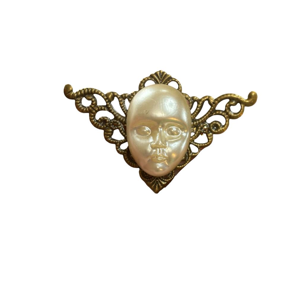 Vintage Artisan Mask Face Brooch White Cabochon Gold Tone Filigree Statement